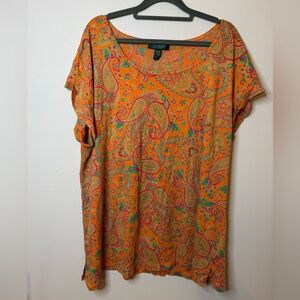 Lauren Ralph Lauren Orange Paisley Tunic with folded cuff- 2X